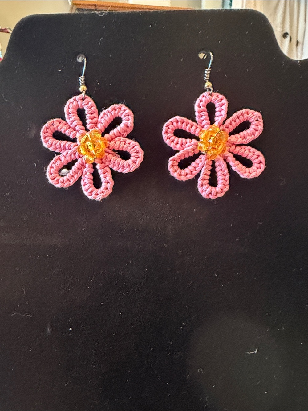 Handmade Pink Flower Drop Earrings with Yellow Center